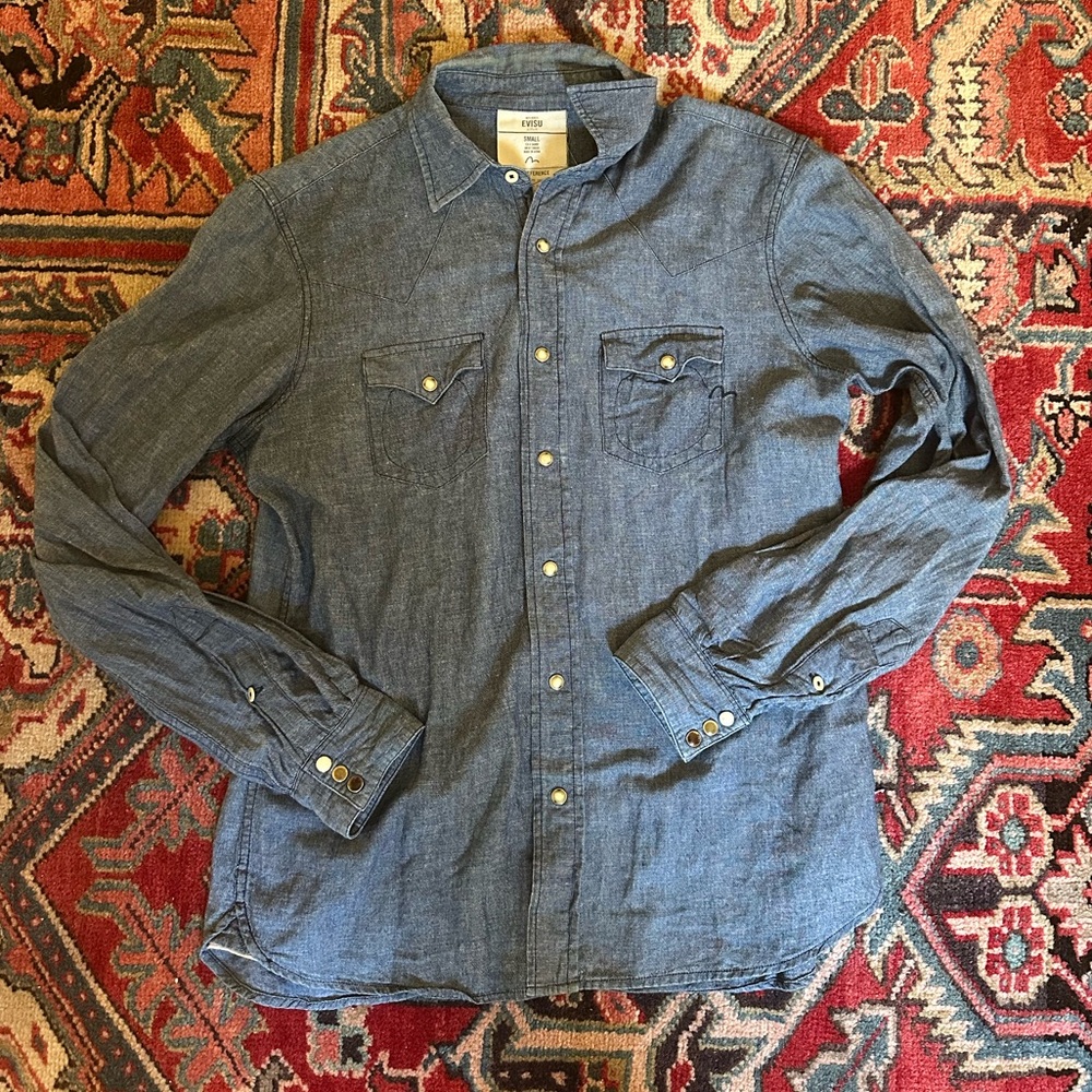 Evisu Men’s Denim Chambray Western Ranch Button Down Shirt— Size Small